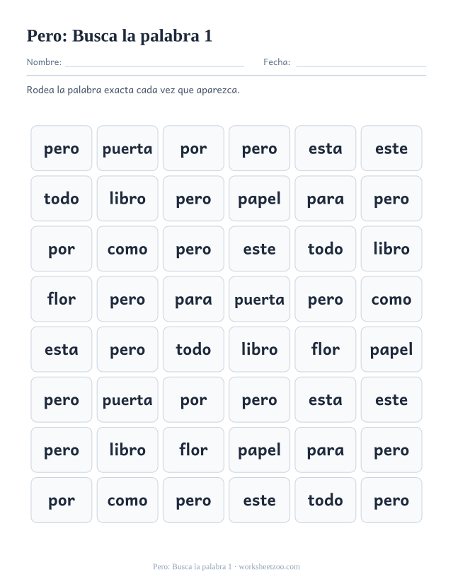 Ficha de la palabra frecuente «pero», busca la palabra 1 para imprimir