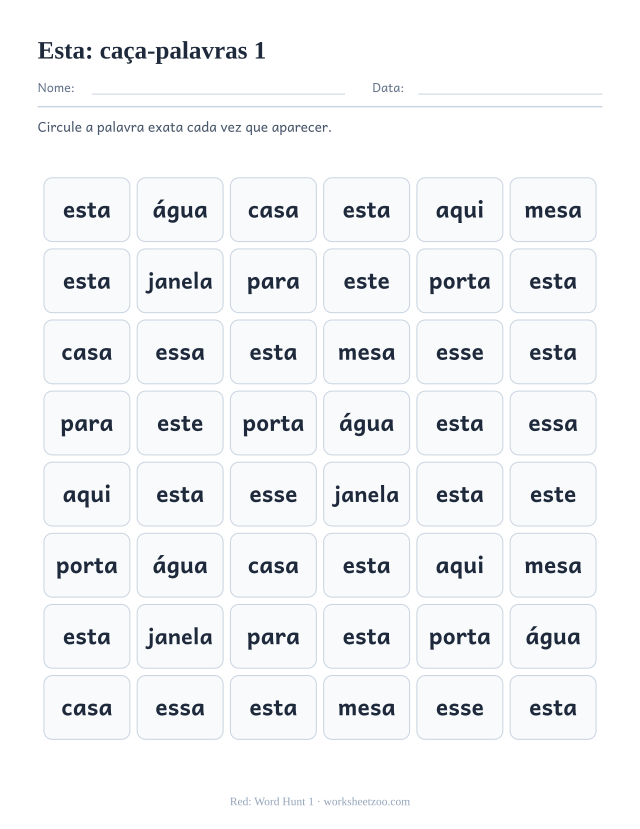 Prévia da palavra frequente “esta”, caça-palavras 1