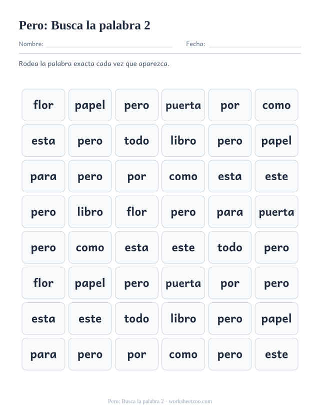 Ficha de la palabra frecuente «pero», busca la palabra 2 para imprimir