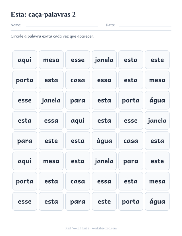 Prévia da palavra frequente “esta”, caça-palavras 2