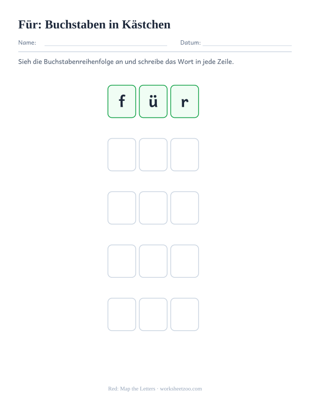Vorschau: häufiges Wort „für“, Buchstaben in Kästchen