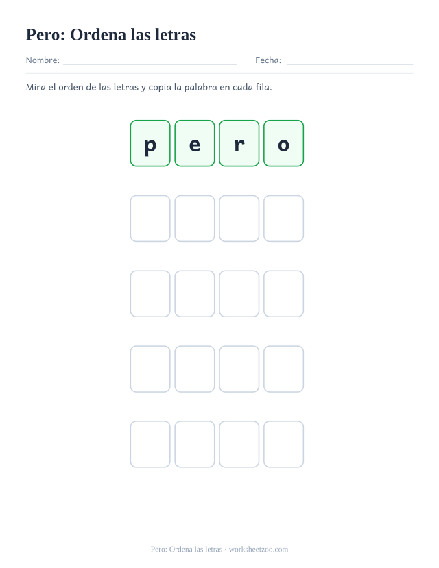 Ficha de la palabra frecuente «pero», ordena las letras para imprimir