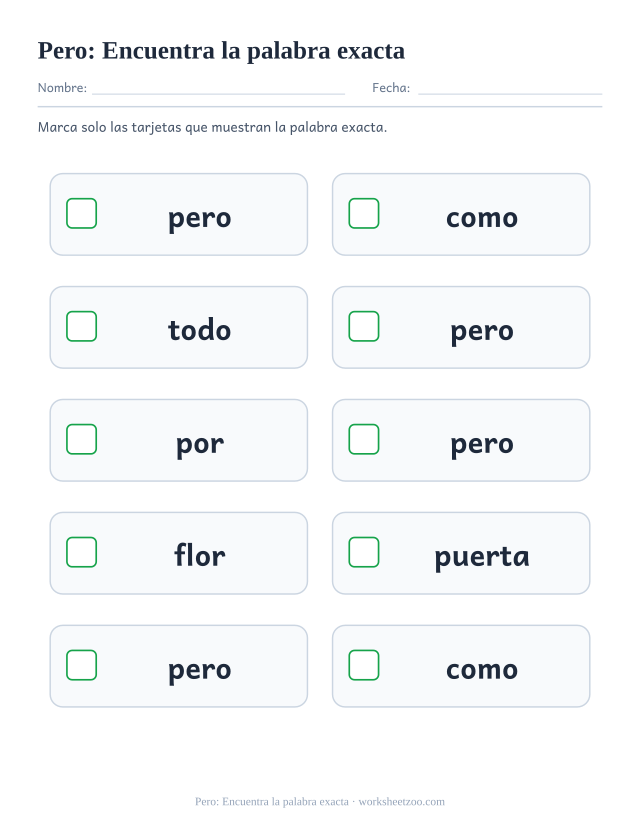 Ficha de la palabra frecuente «pero», encuentra la palabra exacta para imprimir