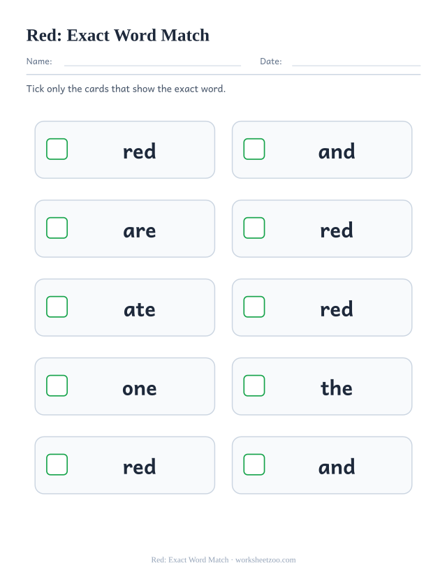 Sight word “red” worksheet, exact word match printable activity