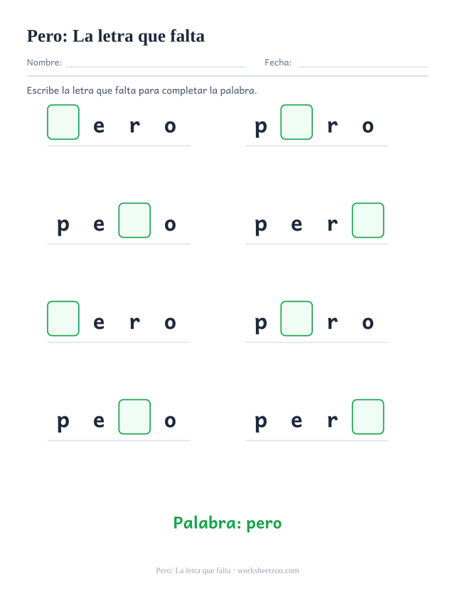 Ficha de la palabra frecuente «pero», la letra que falta para imprimir