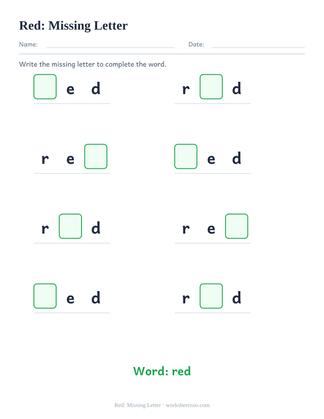 Sight word “red” worksheet, missing letter printable activity