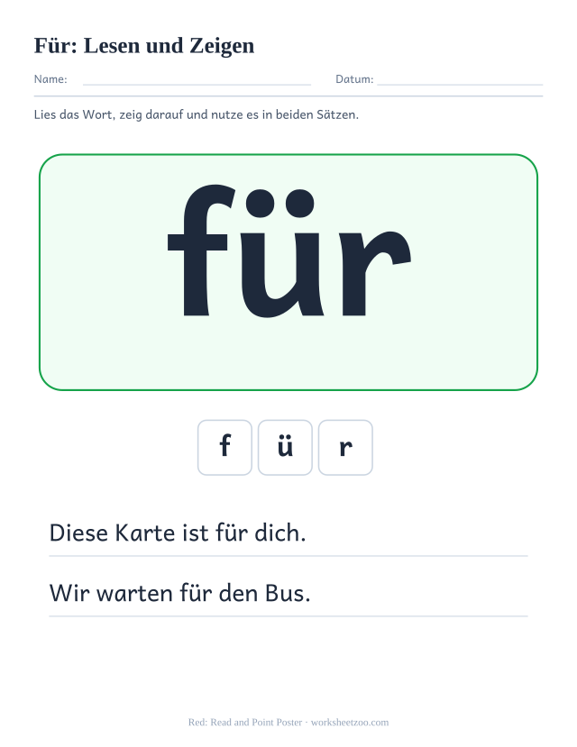 Vorschau: häufiges Wort „für“, Lesen und Zeigen