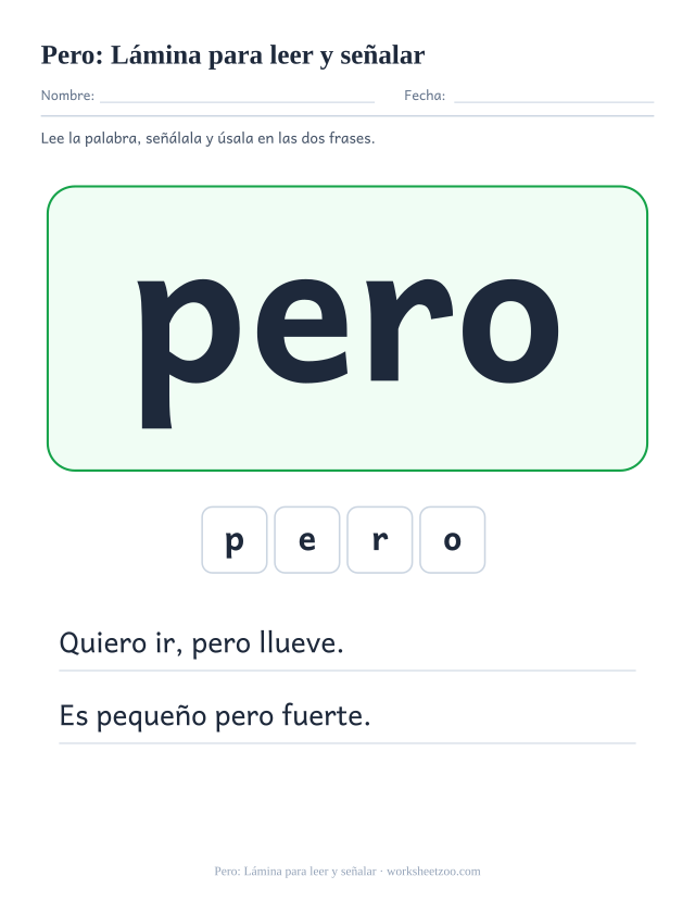Ficha de la palabra frecuente «pero», lámina para leer y señalar para imprimir