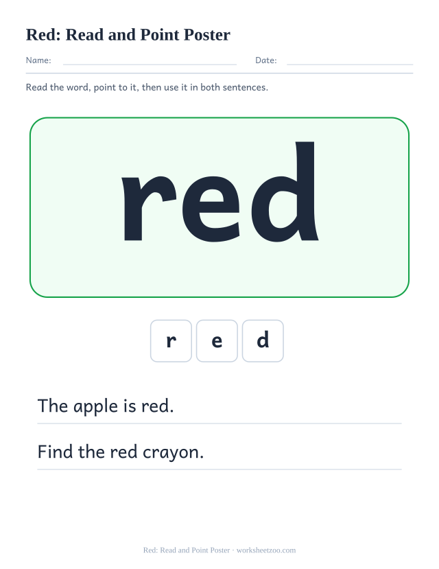 Sight word “red” worksheet, read and point poster printable activity