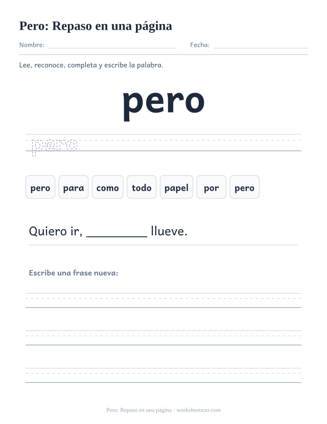 Ficha de la palabra frecuente «pero», repaso en una página para imprimir
