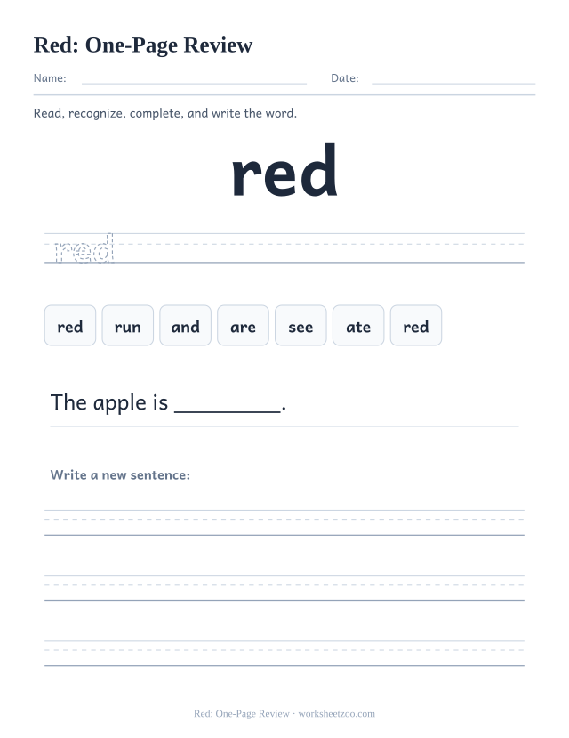 Sight word “red” worksheet, one-page review printable activity