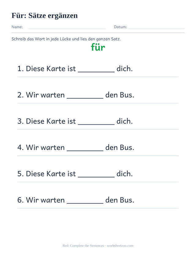 Vorschau: häufiges Wort „für“, Sätze ergänzen