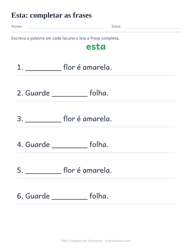 Prévia da palavra frequente “esta”, completar as frases