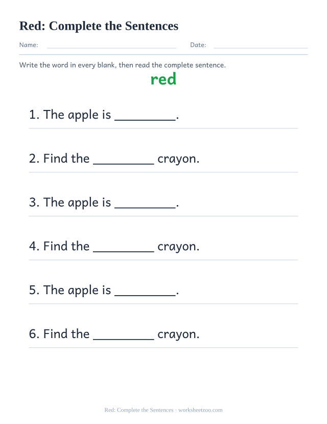 Sight word “red” worksheet, complete the sentences printable activity