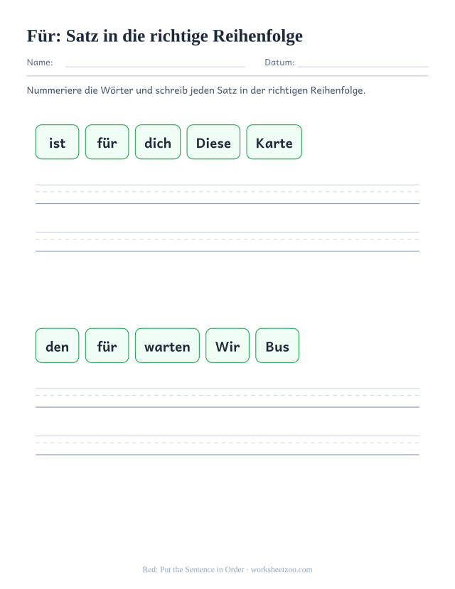 Vorschau: häufiges Wort „für“, Satz in die richtige Reihenfolge