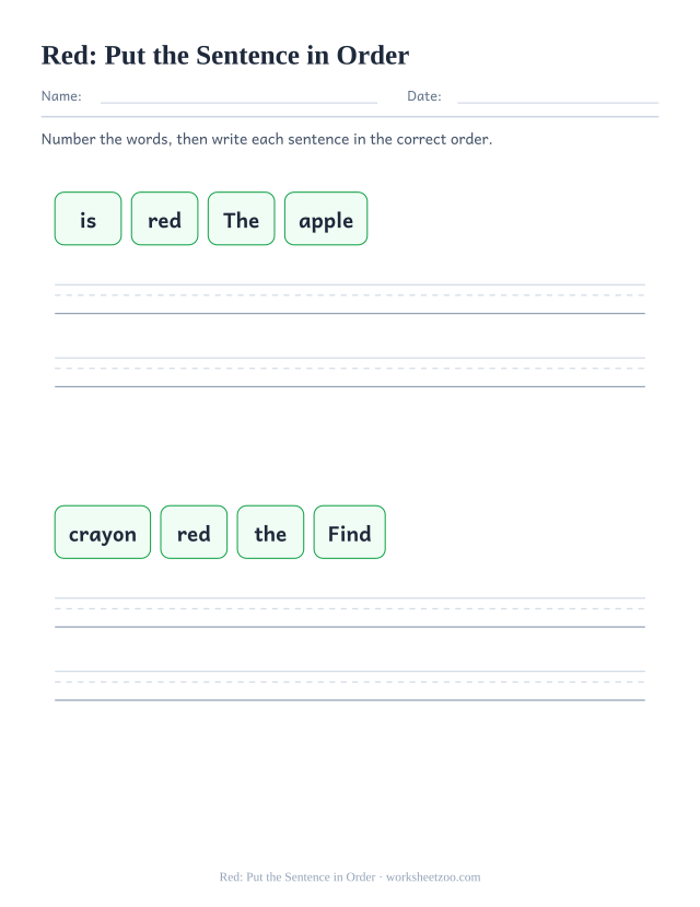 Sight word “red” worksheet, put the sentence in order printable activity
