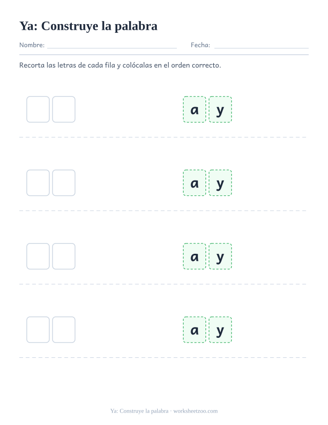 Ficha de la palabra frecuente «ya», construye la palabra para imprimir
