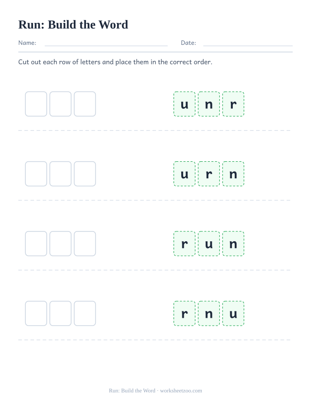 Sight word “run” worksheet, build the word printable activity