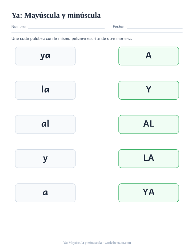 Ficha de la palabra frecuente «ya», mayúscula y minúscula para imprimir