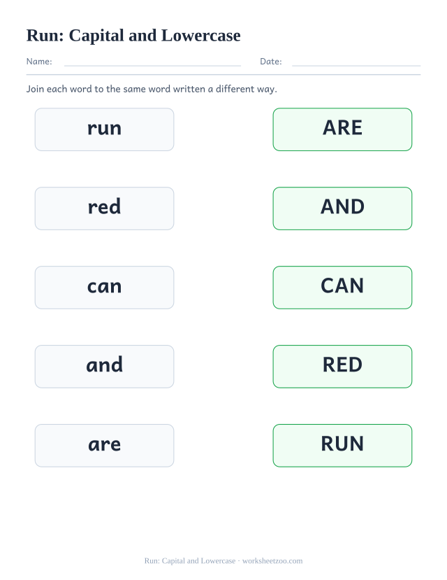 Sight word “run” worksheet, capital and lowercase printable activity