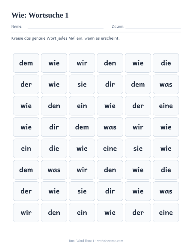 Vorschau: häufiges Wort „wie“, Wortsuche 1