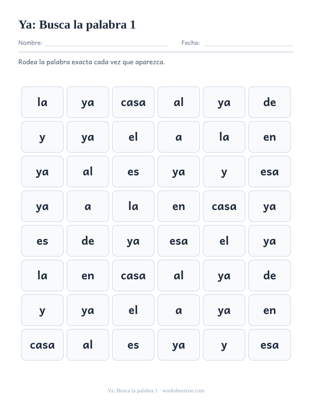 Ficha de la palabra frecuente «ya», busca la palabra 1 para imprimir