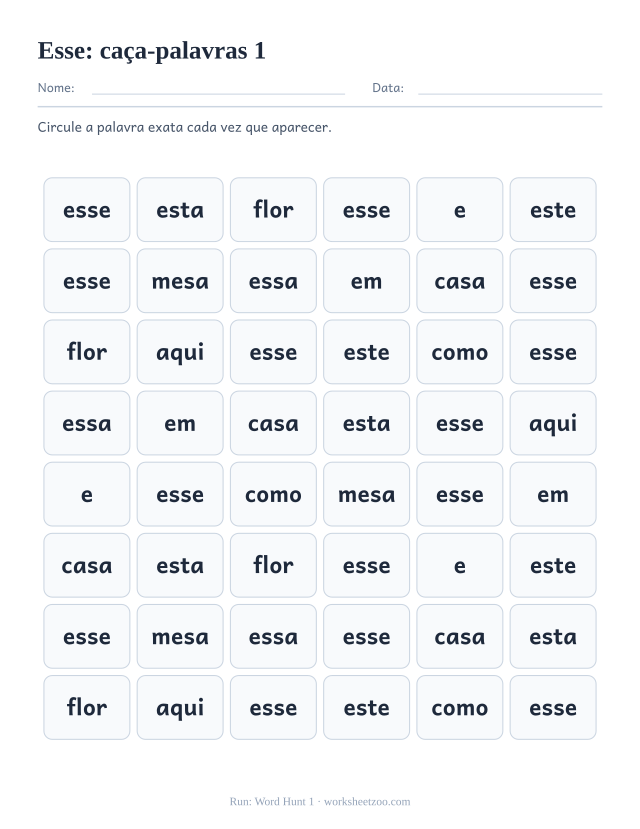 Prévia da palavra frequente “esse”, caça-palavras 1