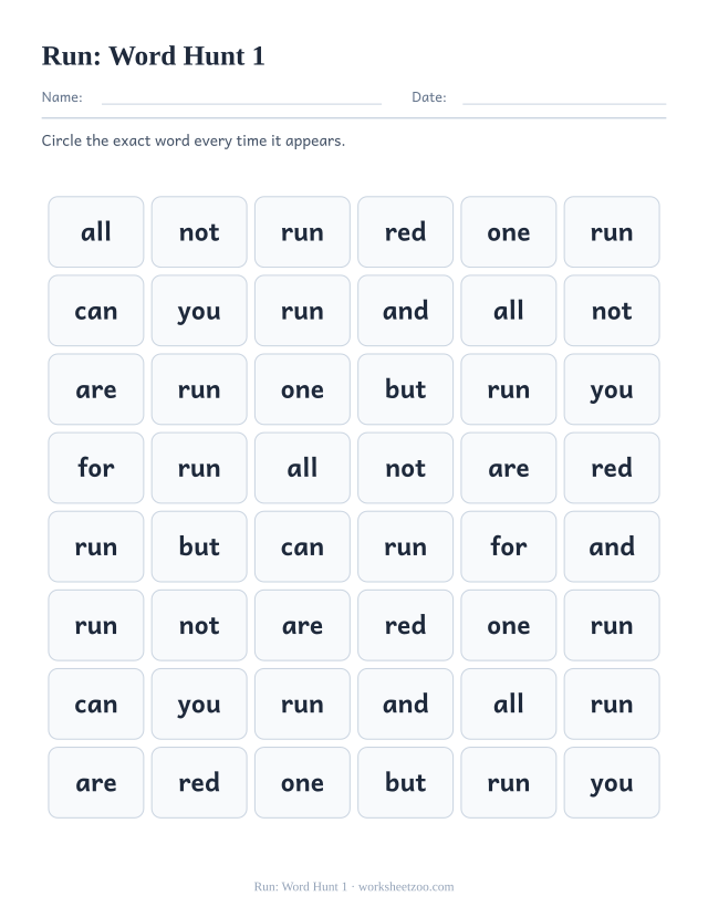 Sight word “run” worksheet, word hunt 1 printable activity