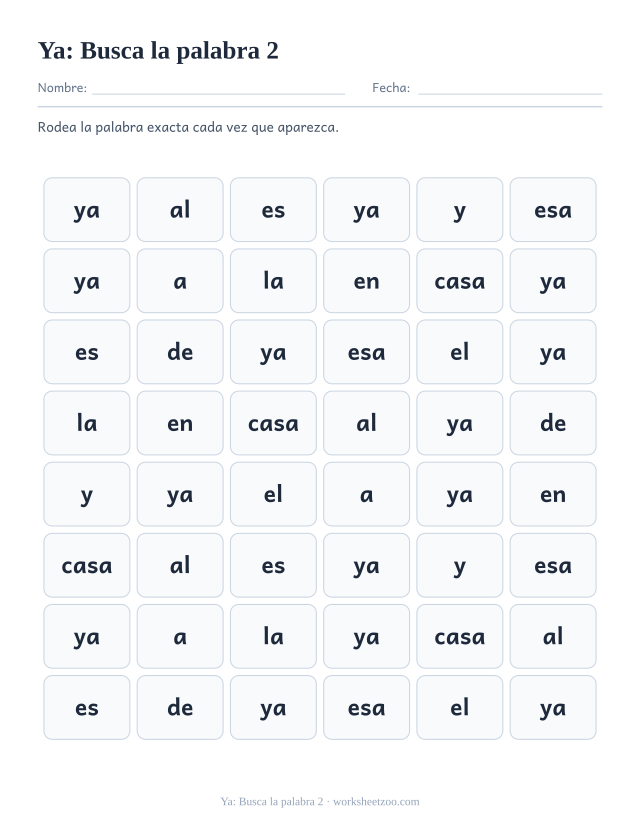 Ficha de la palabra frecuente «ya», busca la palabra 2 para imprimir