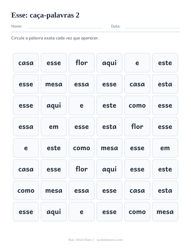Prévia da palavra frequente “esse”, caça-palavras 2