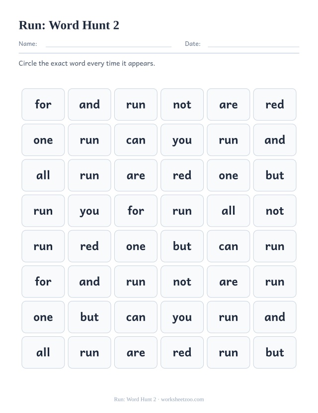 Sight word “run” worksheet, word hunt 2 printable activity