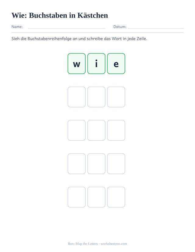 Vorschau: häufiges Wort „wie“, Buchstaben in Kästchen