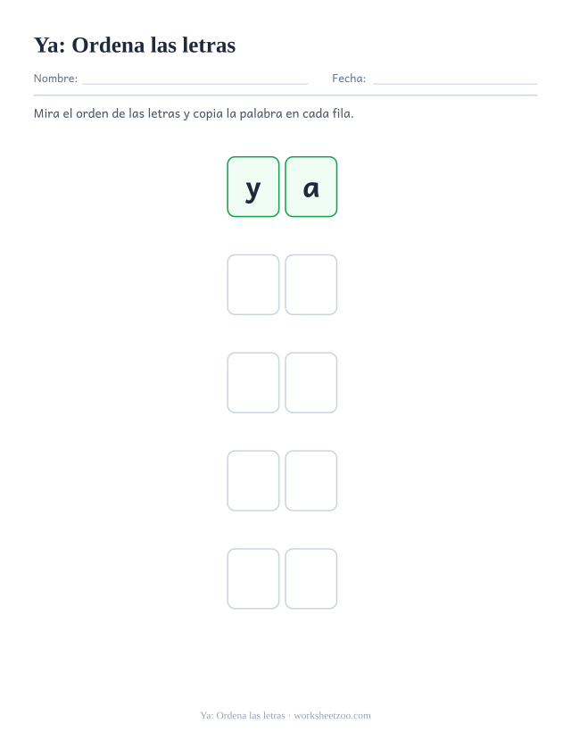 Ficha de la palabra frecuente «ya», ordena las letras para imprimir