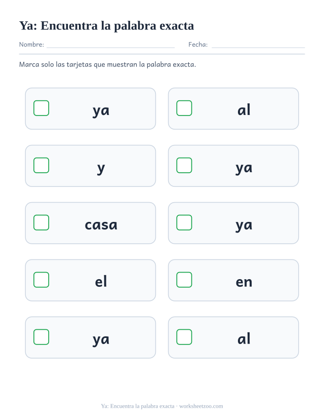 Ficha de la palabra frecuente «ya», encuentra la palabra exacta para imprimir
