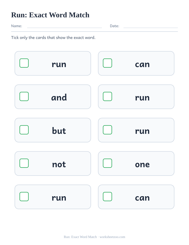 Sight word “run” worksheet, exact word match printable activity