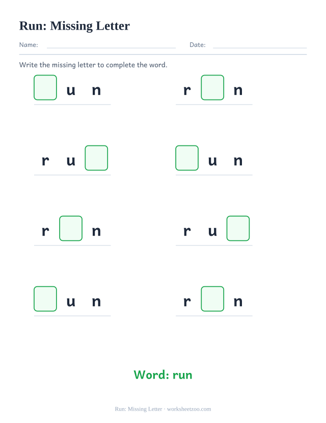 Sight word “run” worksheet, missing letter printable activity