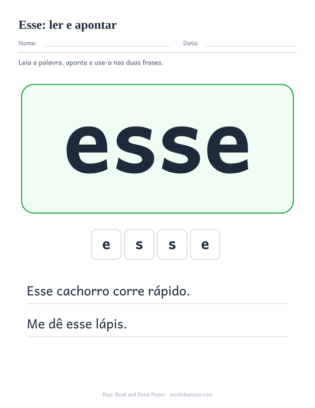 Prévia da palavra frequente “esse”, ler e apontar