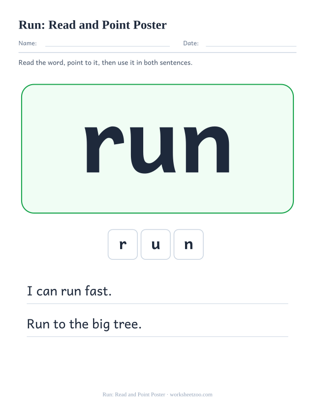 Sight word “run” worksheet, read and point poster printable activity