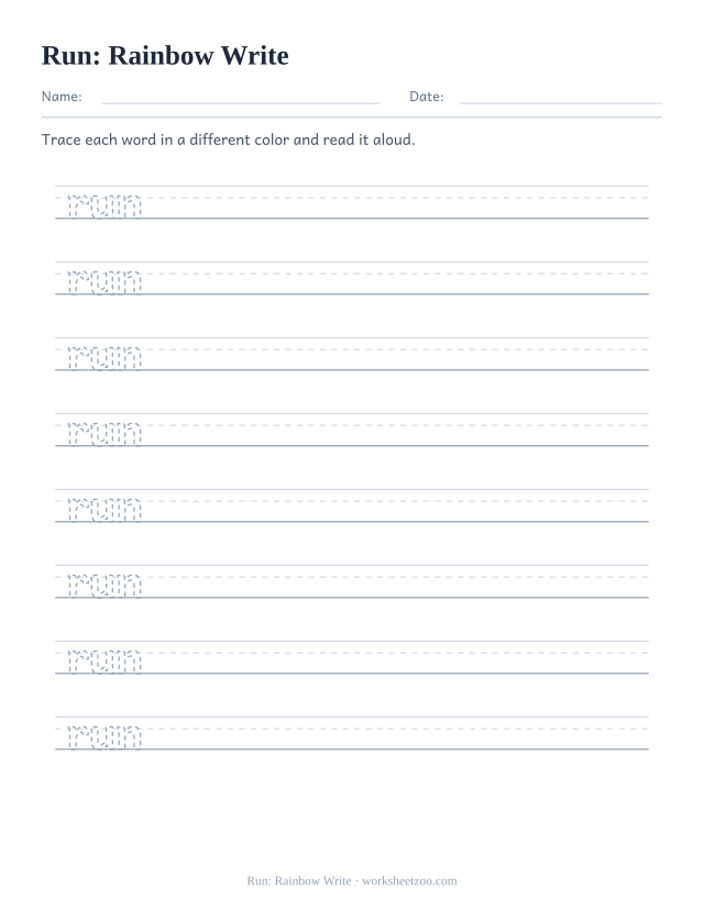 Sight word “run” worksheet, rainbow write printable activity