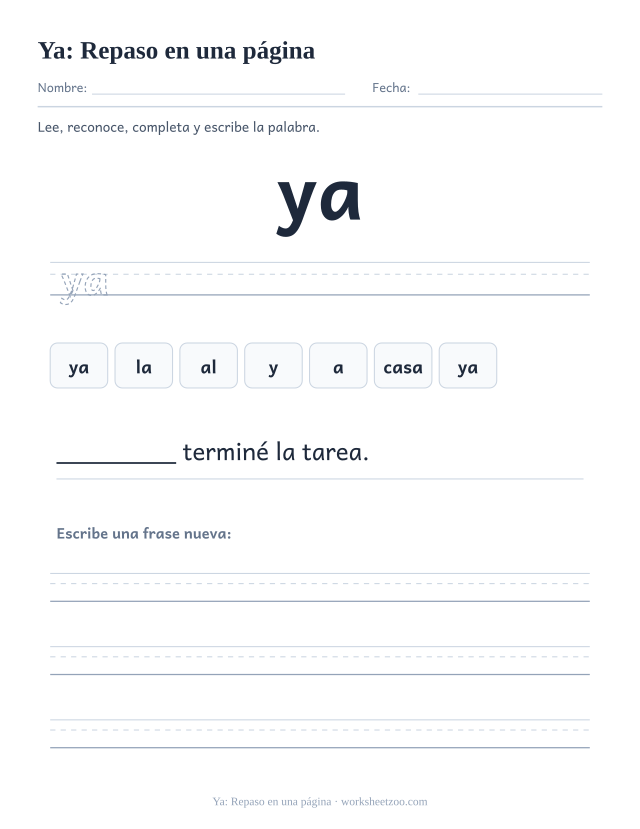 Ficha de la palabra frecuente «ya», repaso en una página para imprimir