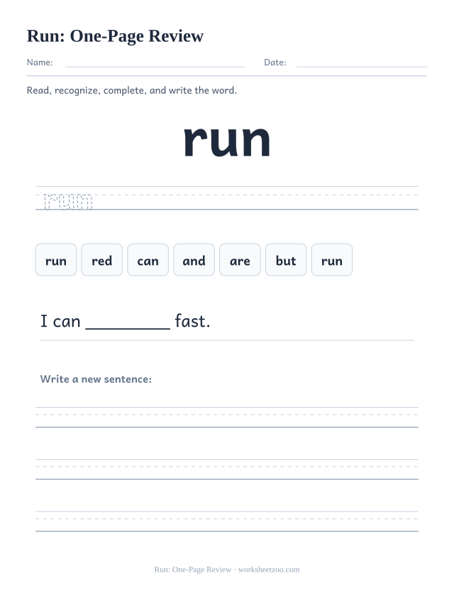Sight word “run” worksheet, one-page review printable activity