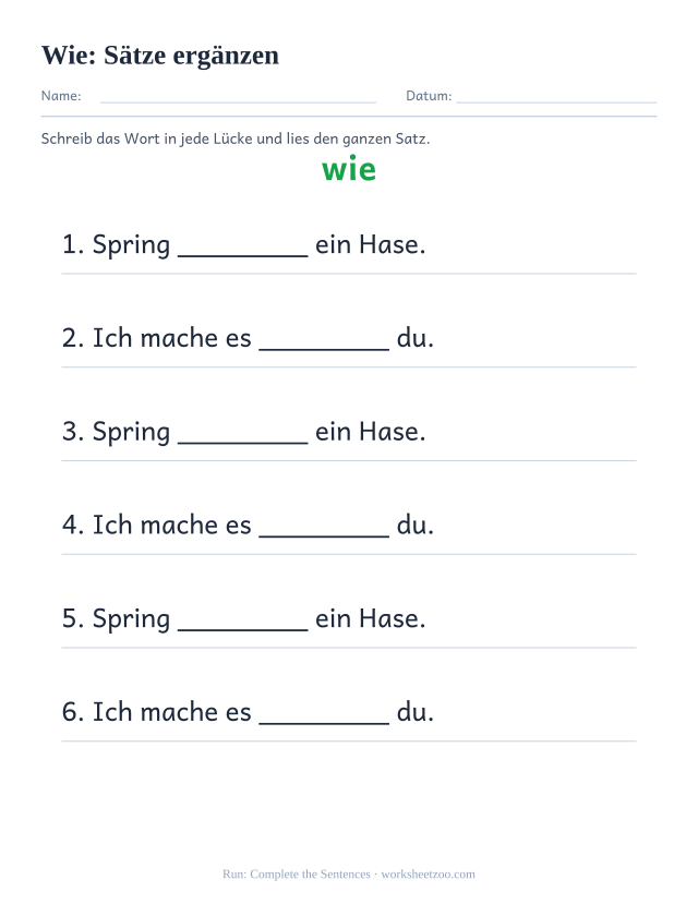 Vorschau: häufiges Wort „wie“, Sätze ergänzen