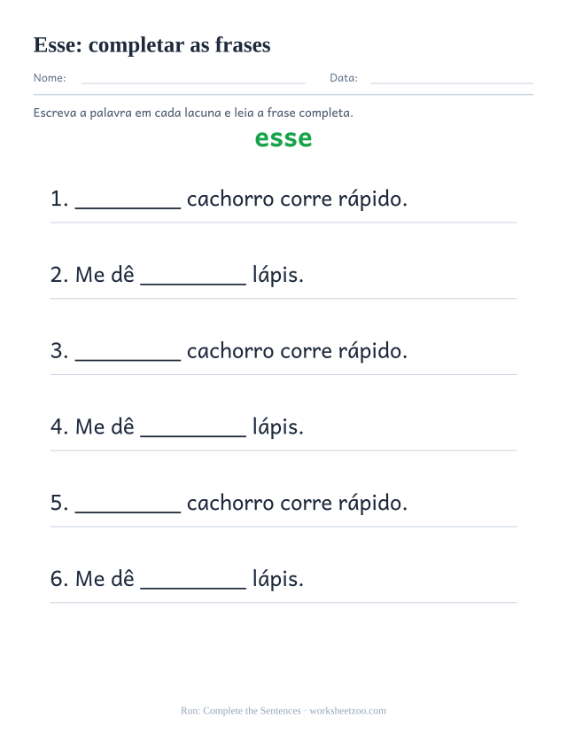 Prévia da palavra frequente “esse”, completar as frases