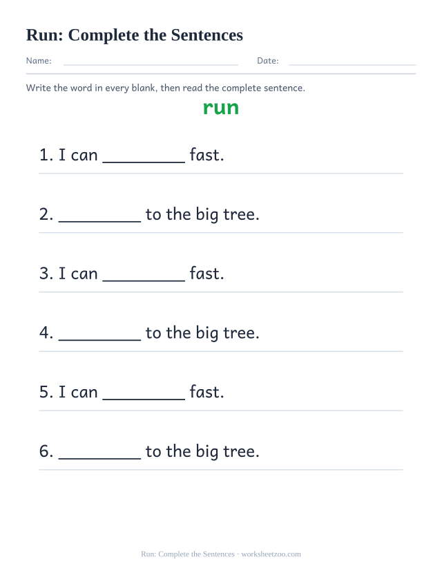 Sight word “run” worksheet, complete the sentences printable activity