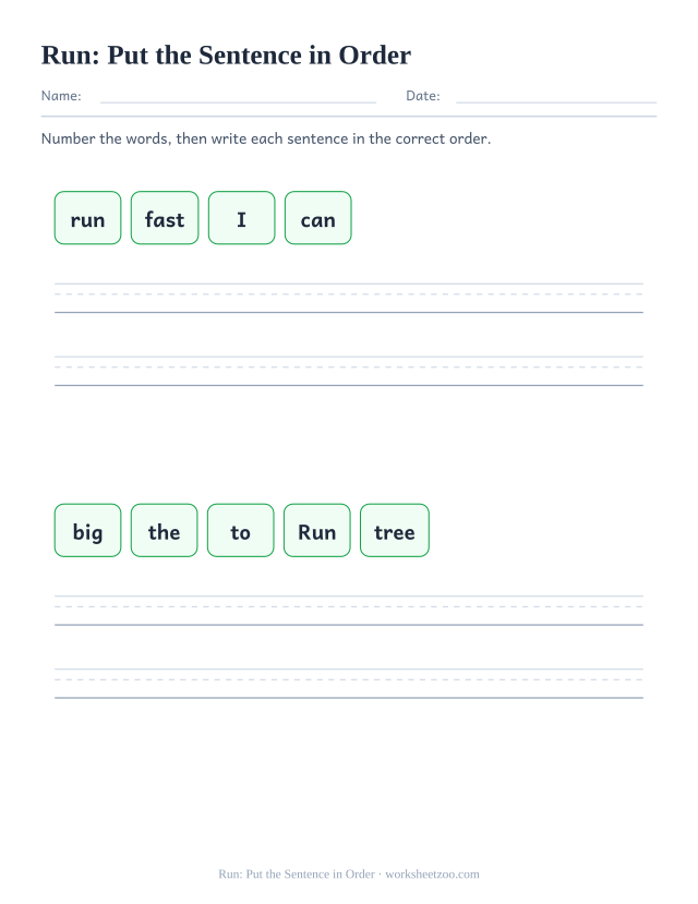 Sight word “run” worksheet, put the sentence in order printable activity