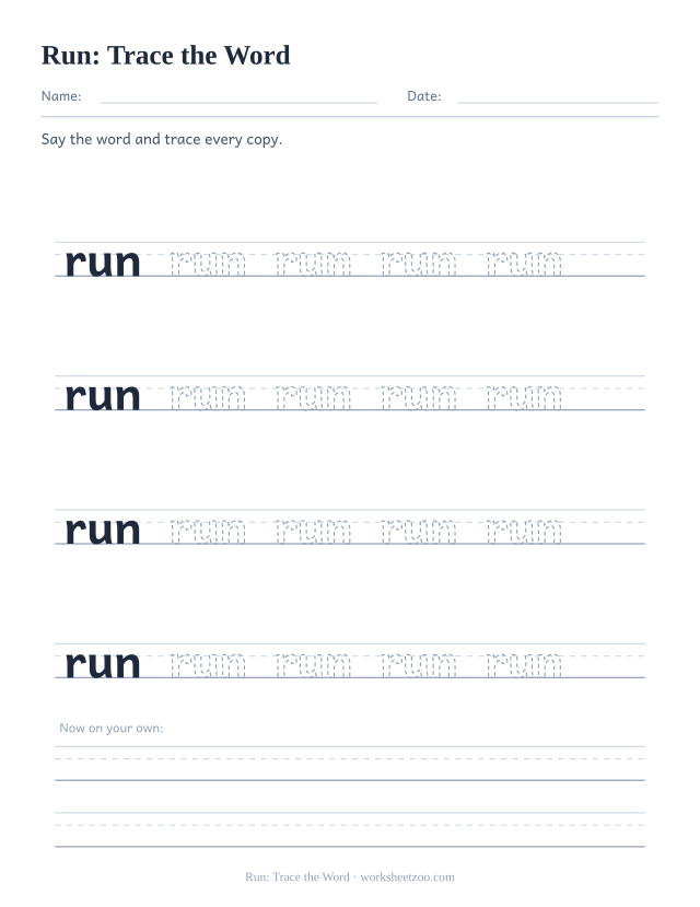 Sight word “run” worksheet, trace the word printable activity