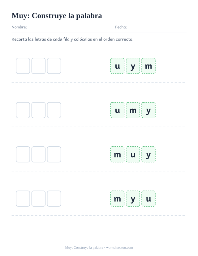 Ficha de la palabra frecuente «muy», construye la palabra para imprimir