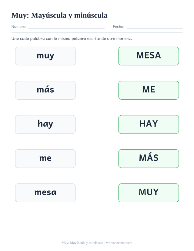 Ficha de la palabra frecuente «muy», mayúscula y minúscula para imprimir