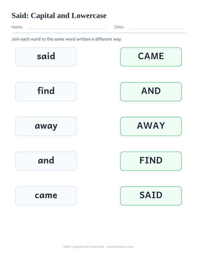 Sight word “said” worksheet, capital and lowercase printable activity