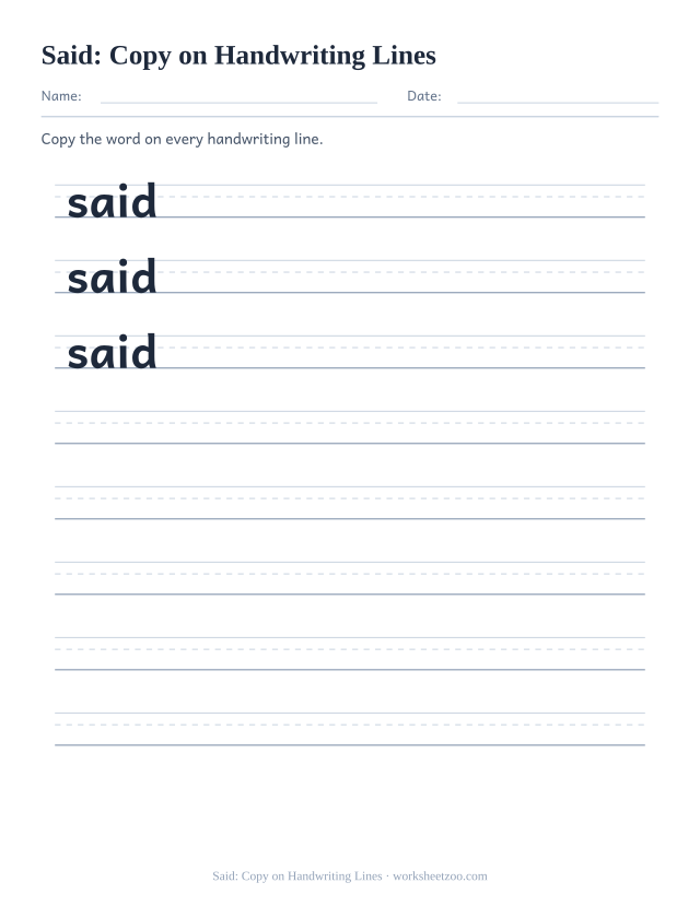 Sight word “said” worksheet, copy on handwriting lines printable activity